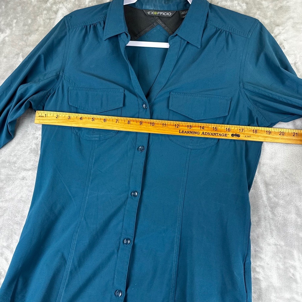 ExOfficio Button Down Shirt Womens Medium Teal Roll Tab Sleeve Hiking (1463) - Picture 13 of 15